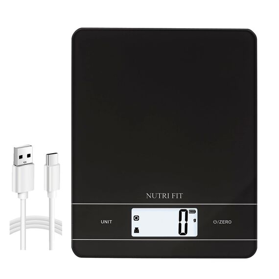 NUTRI FIT Wiederaufladbare Digitale Küchenwaage, USB-Type C Elektronische Lebensmittelwaage, Breites Gehartes Glas Wiegeplattform, Hinterbeleuchtetes LCD, 11lb/5kg, Back- & Kochwaage, Schwarz