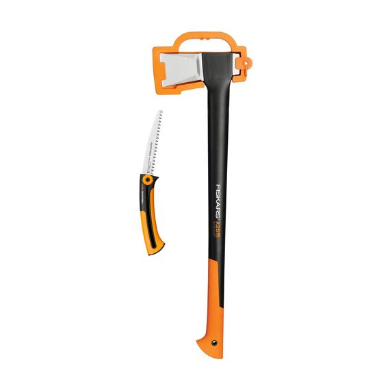 Fiskars Werkzeug-Set, Spaltaxt inkl. Klingen-/Transportschutz, Stahl/Kunststoff und Handsäge für frisches Holz, Einziehbar, Rostfreies Stahl-Sägeblatt, Schwarz/Orange, 1025437