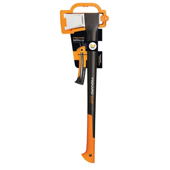 Fiskars Werkzeug-Set, Spaltaxt inkl. Klingen-/Transportschutz, Stahl/Kunststoff und Handsäge für frisches Holz, Einziehbar, Rostfreies Stahl-Sägeblatt, Schwarz/Orange, 1025437