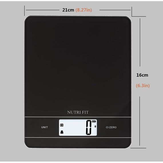 NUTRI FIT Wiederaufladbare Digitale Küchenwaage, USB-Type C Elektronische Lebensmittelwaage, Breites Gehartes Glas Wiegeplattform, Hinterbeleuchtetes LCD, 11lb/5kg, Back- & Kochwaage, Schwarz