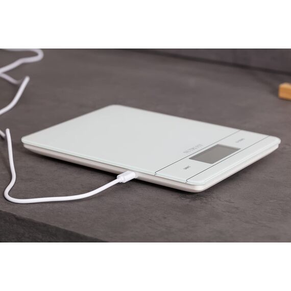 NUTRI FIT Wiederaufladbare Digitale Küchenwaage, USB-Type C Elektronische Lebensmittelwaage, Breites Gehartes Glas Wiegeplattform, Hinterbeleuchtetes LCD, 11lb/5kg, Back- & Kochwaage, Weiss