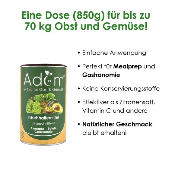 Adam Frischhaltelösung für Obst & Gemüse – hält Avocado, Salat und Guacamole bis zu 7 Tage frisch, verhindert Braunverfärbung, geschmacksneutral – Antioxidationsmittel, 850 g…