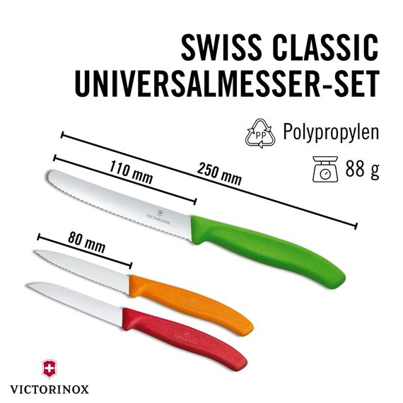Victorinox Swiss Classic, Küchenmesser Set, 3teilig, Gemüse-, Tomaten- und Frühstücksmesser, Robuster Kunststoffgriff, Rostfreier Stahl, Farbig