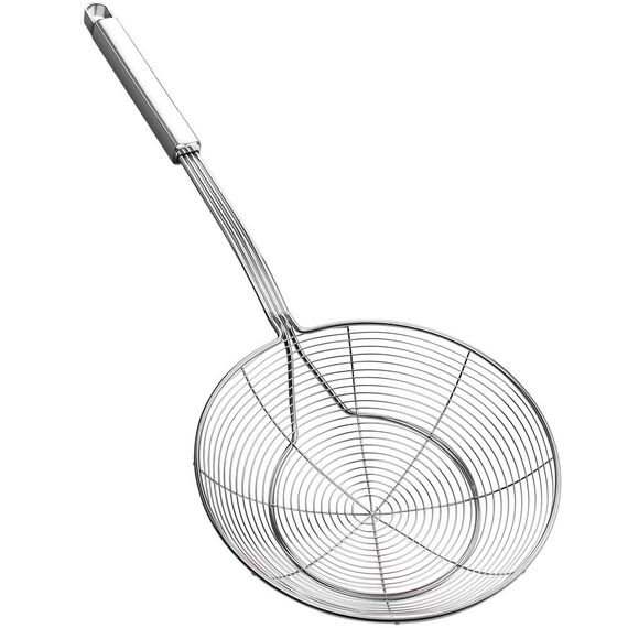 Spinnennetz-Schöpflöffel aus Edelstahl, Kochabschäumer, Schaumlöffel, Siebkelle, Küchenkelle aus Drahtnetz mit Griff für das tägliche Fritieren, Dünsten und Schöpfen. Durchmesser: 18 cm