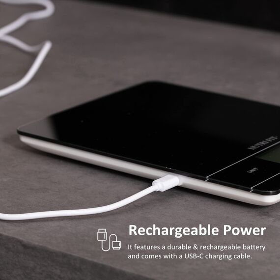 NUTRI FIT Wiederaufladbare Digitale Küchenwaage, USB-Type C Elektronische Lebensmittelwaage, Breites Gehartes Glas Wiegeplattform, Hinterbeleuchtetes LCD, 11lb/5kg, Back- & Kochwaage, Schwarz