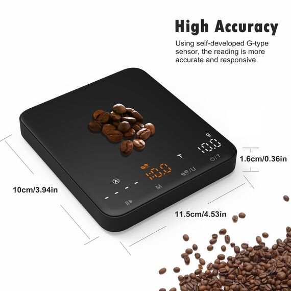 NUTRI FIT Mini-Kaffeewaage mit Timer, wiederaufladbarer USB-C-Küchenwaage, tragbare Espressowaage mit LED-Display, Produktgröße 11,5 x 10cm, 2kg/0,1g-Schwarz