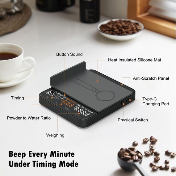 NUTRI FIT Mini-Kaffeewaage mit Timer, wiederaufladbarer USB-C-Küchenwaage, tragbare Espressowaage mit LED-Display, Produktgröße 11,5 x 10cm, 2kg/0,1g-Schwarz