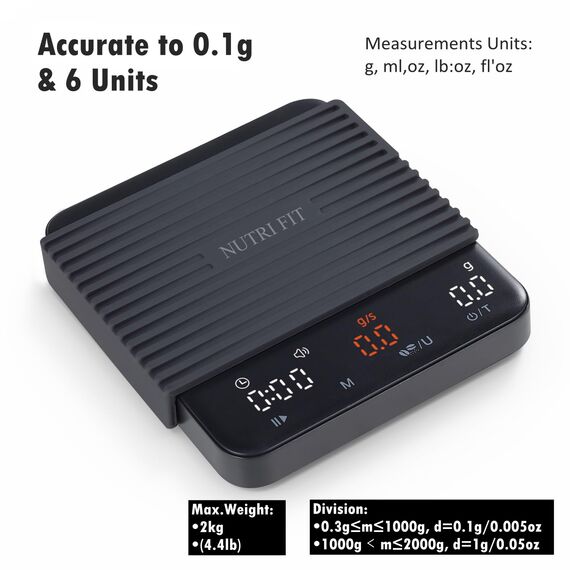 NUTRI FIT Mini-Kaffeewaage mit Timer, wiederaufladbarer USB-C-Küchenwaage, tragbare Espressowaage mit LED-Display, Produktgröße 11,5 x 10cm, 2kg/0,1g-Schwarz