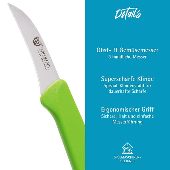 GRÄWE Obstmesser, 3er Set, Gemüsemesser, kleines Küchenmesser-Set, Schälmesser, Edelstahl, bunt, super scharf geschliffen