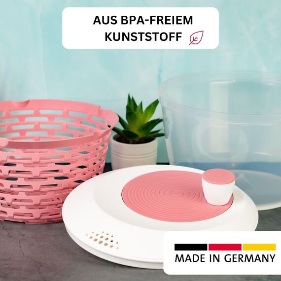 Westmark Salatschleuder, Fassungsvermögen: 4,4 Liter, ø 23,5 cm, Kunststoff, BPA-frei, Spinderella, Farbe: Transparent/Weiß/Rosa, 2430226P