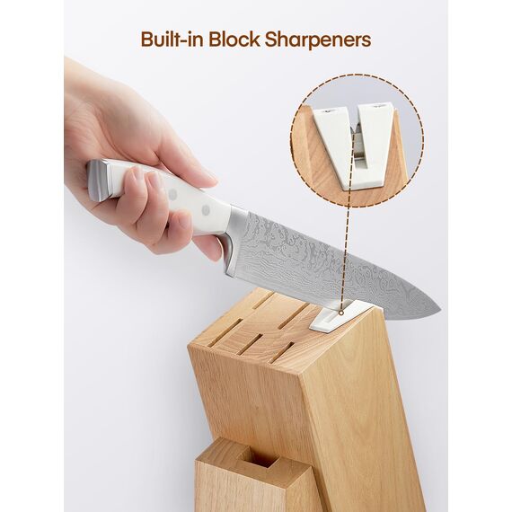 D.Perlla Messerblock mit Messerset, 7-TLG Selbstschärfender Messerblock, Scharf Edelstahl Messerset Set mit Kunststoff-Griff und Holzblock, Profi Küchenmesserset, Weiß