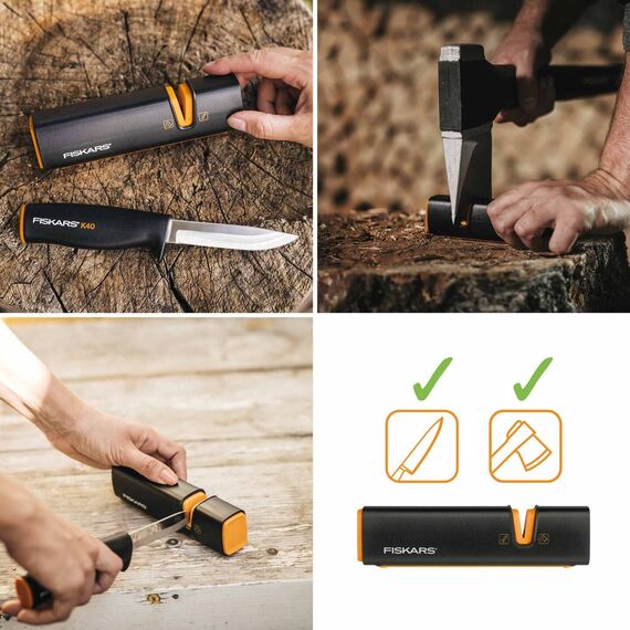 Fiskars Axt-Set, Spaltaxt: Inklusive Klingen-/Transportschutz, Länge: 71 cm, Antihaftbeschichtet, X21-L, 1,63 kg; Axt- und Messerschärfer: Keramik- Schleifkopf, Xsharp, Schwarz/Orange, 1019333