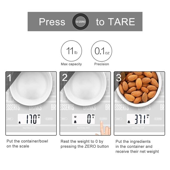 NUTRI FIT Wiederaufladbare Digitale Küchenwaage, USB-Type C Elektronische Lebensmittelwaage, Breites Gehartes Glas Wiegeplattform, Hinterbeleuchtetes LCD, 11lb/5kg, Back- & Kochwaage, Weiss