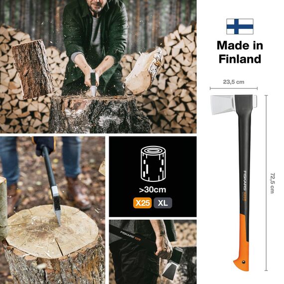 Fiskars Spaltaxt, Inklusive Klingen- und Transportschutz, Länge: 72 cm, Antihaftbeschichtet, Hochwertige Stahl-Klinge/Glasfaserverstärkter Kunststoff-Stiel, Schwarz/Orange, X25–XL, 2,4 kg, 1015643