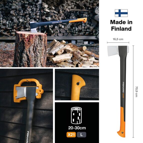 Fiskars Spaltaxt, Inklusive Klingen- und Transportschutz, Länge: 71 cm, Antihaftbeschichtet, Hochwertige Stahl-Klinge/Glasfaserverstärkter Kunststoff-Stiel, Schwarz/Orange, X21–L, 1,63 kg, 1015642
