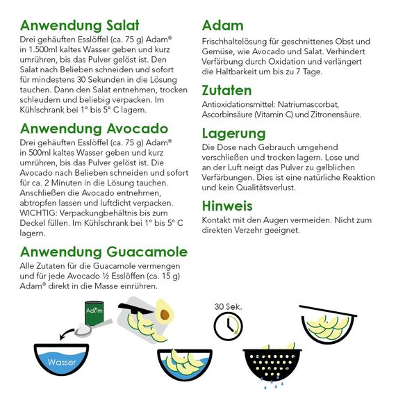 Adam Frischhaltelösung für Obst & Gemüse – hält Avocado, Salat und Guacamole bis zu 7 Tage frisch, verhindert Braunverfärbung, geschmacksneutral – Antioxidationsmittel, 850 g…