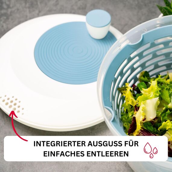 Westmark Salatschleuder, Fassungsvermögen: 4,4 Liter, ø 23,5 cm, Kunststoff, BPA-frei, Spinderella, Farbe: Transparent/Weiß/Blau, 2430226B