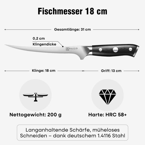 PAUDIN Filetiermesser fisch Messer 18 cm, Filitiermesser Scharf Fisch aus Deutscher Edelstahl 1.4116, Profi Küchenmesser Fischfiliermesser und Ultra Scharfe Messer mit Ergonomischer G10 Griff