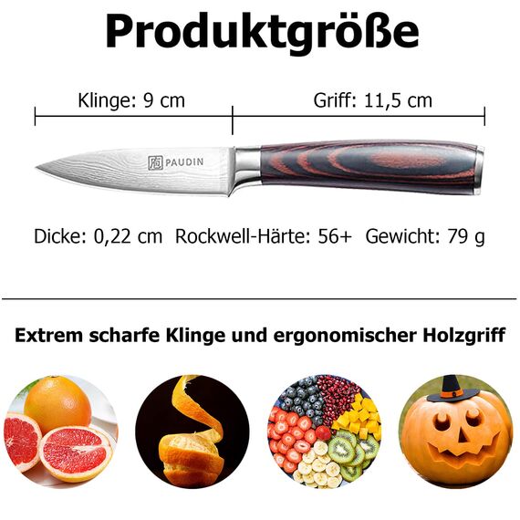 PAUDIN 9 cm Gemüsemesser, Scharf Obstmesser Schälmesser Küchen Messer Ergonomischer Griff Deutscher Edelstahl mit scharfer Klinge