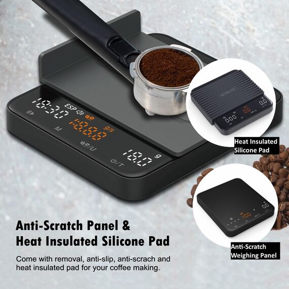 NUTRI FIT Mini-Kaffeewaage mit Timer, wiederaufladbarer USB-C-Küchenwaage, tragbare Espressowaage mit LED-Display, Produktgröße 11,5 x 10cm, 2kg/0,1g-Schwarz