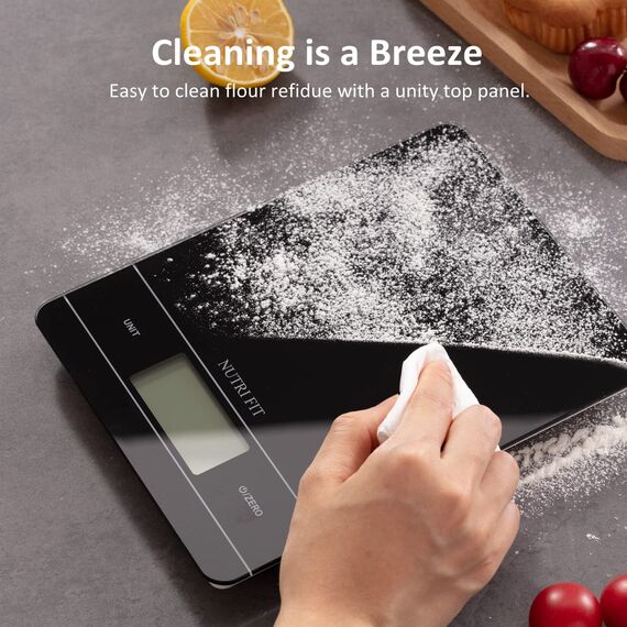 NUTRI FIT Wiederaufladbare Digitale Küchenwaage, USB-Type C Elektronische Lebensmittelwaage, Breites Gehartes Glas Wiegeplattform, Hinterbeleuchtetes LCD, 11lb/5kg, Back- & Kochwaage, Schwarz