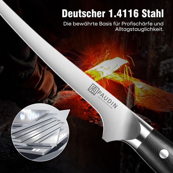 PAUDIN Filetiermesser fisch Messer 18 cm, Filitiermesser Scharf Fisch aus Deutscher Edelstahl 1.4116, Profi Küchenmesser Fischfiliermesser und Ultra Scharfe Messer mit Ergonomischer G10 Griff