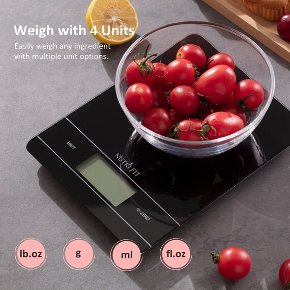 NUTRI FIT Wiederaufladbare Digitale Küchenwaage, USB-Type C Elektronische Lebensmittelwaage, Breites Gehartes Glas Wiegeplattform, Hinterbeleuchtetes LCD, 11lb/5kg, Back- & Kochwaage, Schwarz