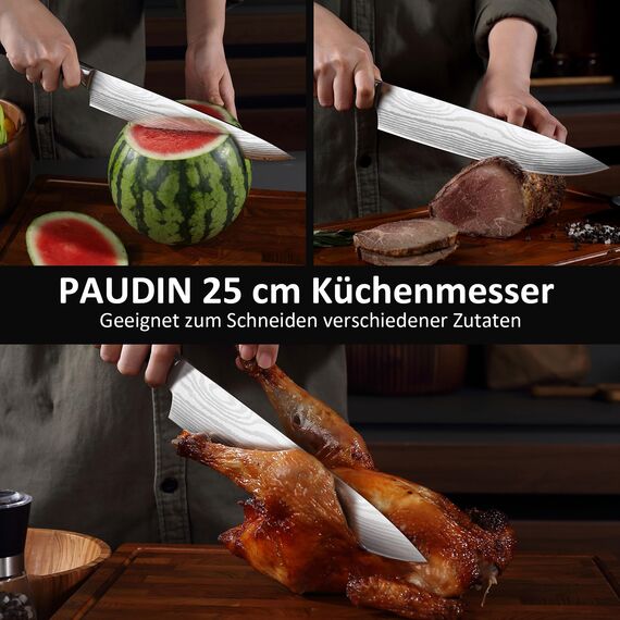 PAUDIN Küchenmesser, Kochmesser 25 cm, Profi Messer Scharfes Chefmesser, Edelstahl Fleischmesser mit Pakkaholz Griff, Kochmesser profi Messer aus Hochwertiger Carbonstahl, Geschenke für Männer