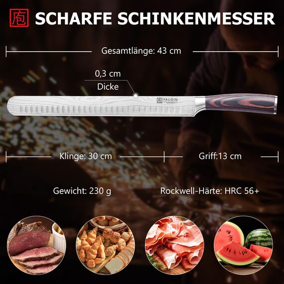 PAUDIN Schinkenmesser Tranchiermesser 30 cm, Küchenmesser für Schinken, Profi Fischmesser aus hochwertigem Edelstahl, Extra Scharfe Lachsmesser mit Ergonomischem Pakkaholz Griff