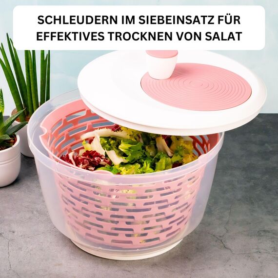 Westmark Salatschleuder, Fassungsvermögen: 4,4 Liter, ø 23,5 cm, Kunststoff, BPA-frei, Spinderella, Farbe: Transparent/Weiß/Rosa, 2430226P