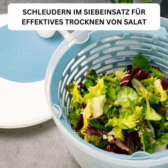 Westmark Salatschleuder, Fassungsvermögen: 4,4 Liter, ø 23,5 cm, Kunststoff, BPA-frei, Spinderella, Farbe: Transparent/Weiß/Blau, 2430226B