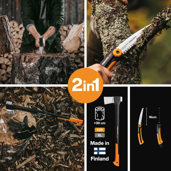 Fiskars Werkzeug-Set, Spaltaxt inkl. Klingen-/Transportschutz, Stahl/Kunststoff und Handsäge für frisches Holz, Einziehbar, Rostfreies Stahl-Sägeblatt, Schwarz/Orange, 1025437