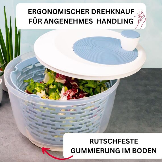 Westmark Salatschleuder, Fassungsvermögen: 4,4 Liter, ø 23,5 cm, Kunststoff, BPA-frei, Spinderella, Farbe: Transparent/Weiß/Blau, 2430226B