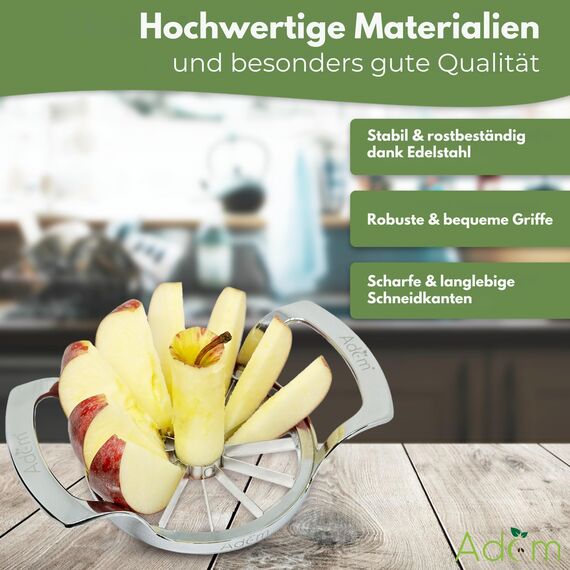 Adam Profi Edelstahl Apfelteiler, Küchenwerkzeug für Obstzubereitung, 12-teiliges Schnittmuster, langlebig, vielseitig und einfach zu reinigen (Apfelschneider)