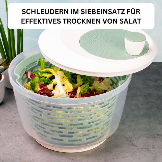 Westmark Salatschleuder, Fassungsvermögen: 4,4 Liter, ø 23,5 cm, Kunststoff, BPA-frei, Spinderella, Farbe: Transparent/Weiß/Mint-Grün, 2430226M