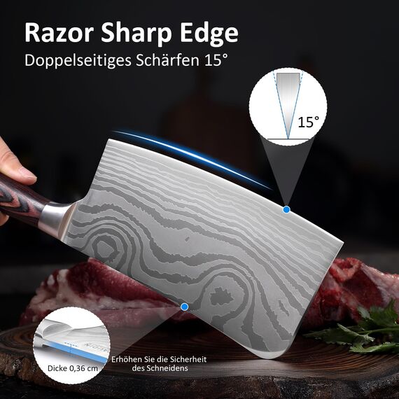PAUDIN Hackmesser 18 CM, Profi Chinesisches kochmesser für Küche und Fleisch, Extrem Scharf Fleichmesser und Küchenbeil, Hochwertigem Edelstahl Küchenmesser mit Scharfe Klinge und Pakkaholzgriff
