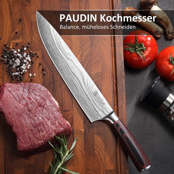 PAUDIN Küchenmesser, Kochmesser 25 cm, Profi Messer Scharfes Chefmesser, Edelstahl Fleischmesser mit Pakkaholz Griff, Kochmesser profi Messer aus Hochwertiger Carbonstahl, Geschenke für Männer