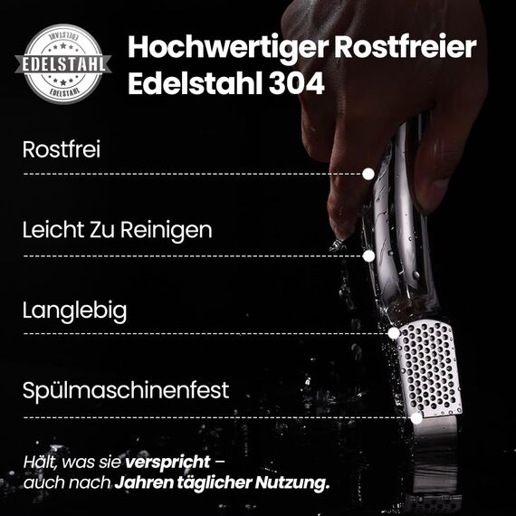 Knoblauchpresse Edelstahl Set mit 2 Aufsätzen | Knoblauch Presse für Knoblauchpaste & Stücke | Garlic Press für Knoblauch & Ingwer (kein Schälen notwendig) | Spülmaschinenfest 5 Jahren Garantie