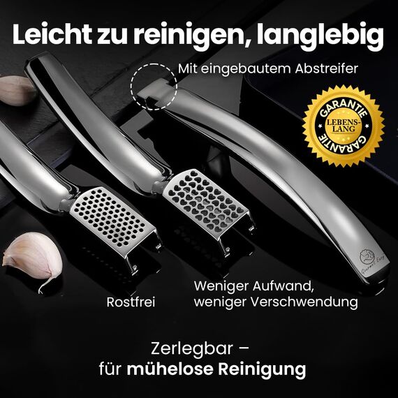 Knoblauchpresse Edelstahl Set mit 2 Aufsätzen | Knoblauch Presse für Knoblauchpaste & Stücke | Garlic Press für Knoblauch & Ingwer (kein Schälen notwendig) | Spülmaschinenfest 5 Jahren Garantie