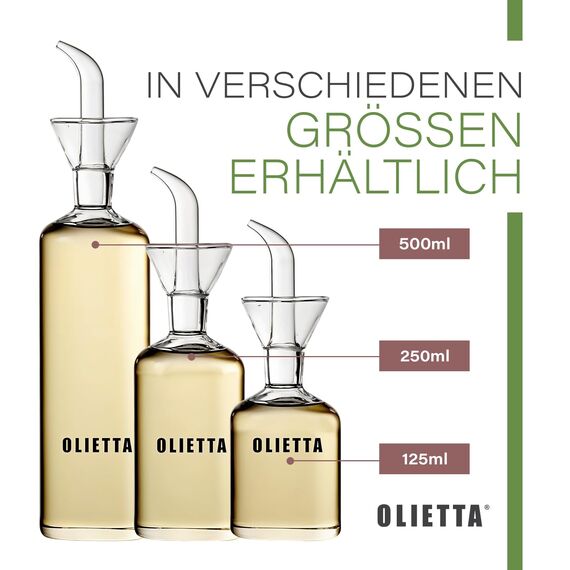Olietta Ölflasche Tropf- und auslaufsichere aus Glas 250 ml Olivenöl flasche mit Ausgießer - Ölspender zum Ausgießen & Träufeln - Leicht zu reinigen - Öl Dosierflasche