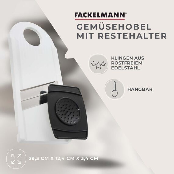 Fackelmann Gemüsehobel mit Restehalter, Gemüseschneider mit 2 Edelstahl-Klingen, hochwertiger Gurkenhobel (Farbe: Weiß/Schwarz), Menge: 1 Stück, 29x13cm