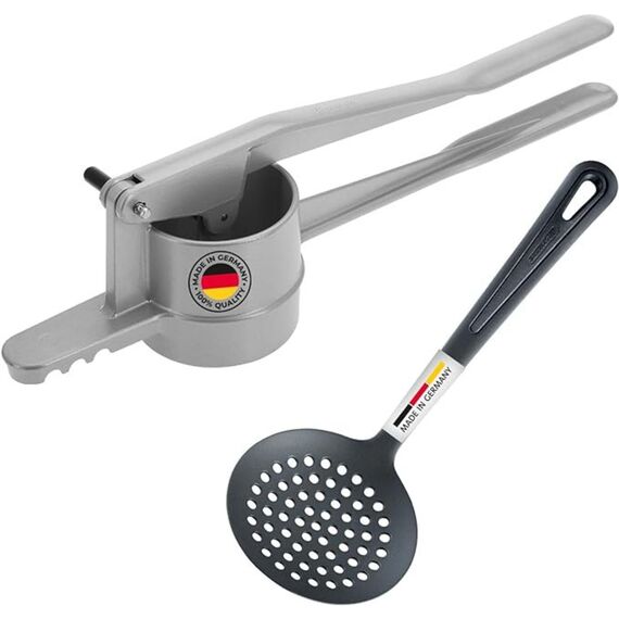 Westmark Spätzle-Set, 2tlg., 1 Spätzle-/Kartoffelpresse mit runder Lochung, Spätzlepresse + 1 Schöpflöffel, Gentle, Aluminiumdruckguss/PA, Silber/Schwarz, 611022E8