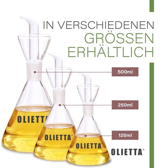 Olietta Konischer Ölflasche Tropf- und auslaufsichere aus Glas 500 ml Olivenöl Flasche mit Ausgießer - Ölspender zum Ausgießen & Träufeln - Leicht zu reinigen - Öl Dosierflasche