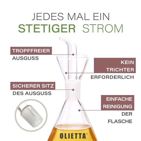 Olietta Konischer Ölflasche Tropf- und auslaufsichere aus Glas 125 ml Olivenöl Flasche mit Ausgießer - Ölspender zum Ausgießen & Träufeln - Leicht zu reinigen - Öl Dosierflasche