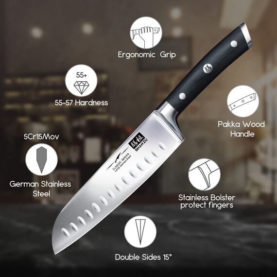 SHAN ZU Kochmesser Küchenmesser Santoku Messer 18 cm Deutscher Edelstahl Extra Scharfe Messerklinge mit ergonomischer Griff Exquisiter Geschenkverpackung, Santokumesser