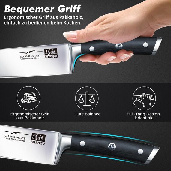 SHAN ZU Messerset 3-tlg, Profi Küchenmesser Kochmesser Set aus Deutscher Edelstahl Extra Scharfe Messer Set, 20cm Chefmesser & 15cm Allzweckmesser & 9.5cm Schälmesser