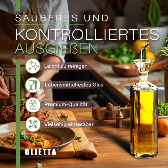 Olietta Ölflasche Tropf- und auslaufsichere aus Glas 500 ml Olivenöl flasche mit Ausgießer - Ölspender zum Ausgießen & Träufeln - Leicht zu reinigen - Öl Dosierflasche