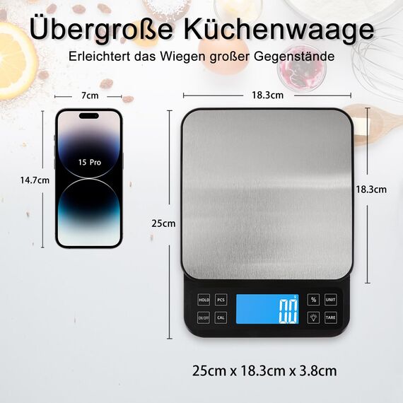 BOMATA 0.1g/5kg Große Digitale Küchenwaage, Hochpräzise Bäckereiwaage mit% Prozentfunktion. USB aufladbar, Wiegeplatte aus rostfreiem Stahl.