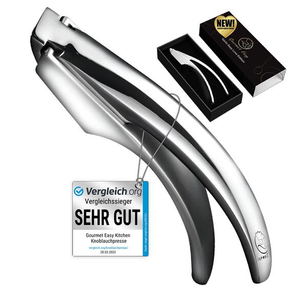 Knoblauchpresse Edelstahl Herz-Edition für Knoblauch & Ingwer - Kein Schälen nötig | Leicht zu reinigende Knoblauch Presse mit 5 Jahren Ersatzversprechen (für grobes Knoblauchhack)