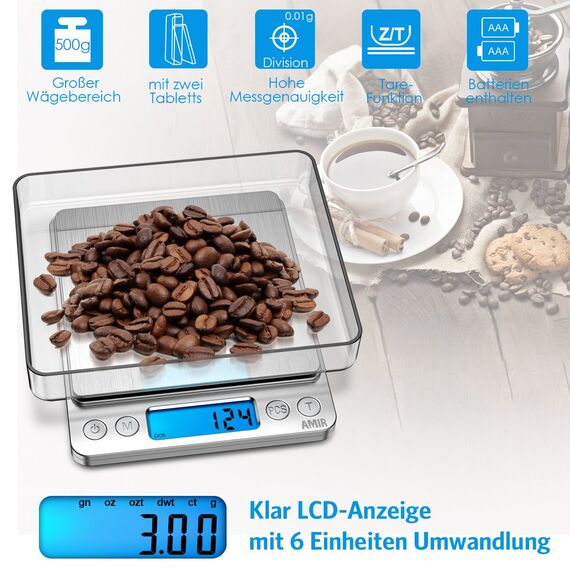 AMIR Feinwaage 0.01g, Digitalwaage 500g/0.01g Taschenwaage, Briefwaage, Grammwaage, Digital Feinwaage mit PCS Funktion, Tara-Funktion, 6 Einheiten Konvertierung, LCD-Display, Auto-Off